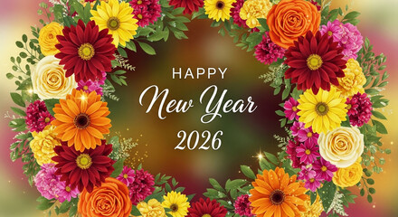 Happy New Year 2026 message surrounded by a colorful floral wreath