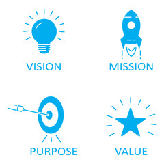 Mission, Vision and Values of company with text. Web page template. Modern flat design. Abstract icon. Purpose business concept. Mission symbol illustration. Abstract eye. Business presentation V4