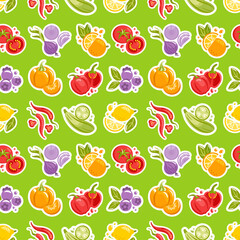 Seamless pattern of vibrant vegetables and fruits, bold shapes, playful colors, clean vector lines, perfect for backgrounds and packaging.