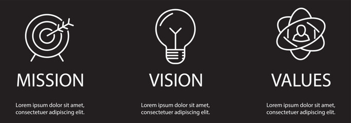 Linear vector icons of mission, vision and values as business growth concept
