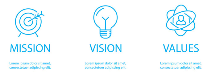 Linear vector icons of mission, vision and values as business growth concept
