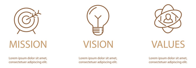 Linear vector icons of mission, vision and values as business growth concept
