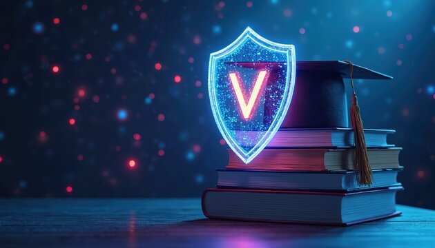 Glowing digital shield protects stack of books topped with graduation cap against dark background with bokeh lights. Represents academic security and knowledge safeguarding.