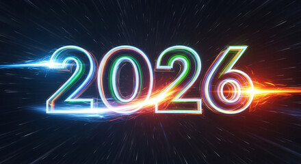 Illuminated 2026 numbers with colorful light streaks and star trails