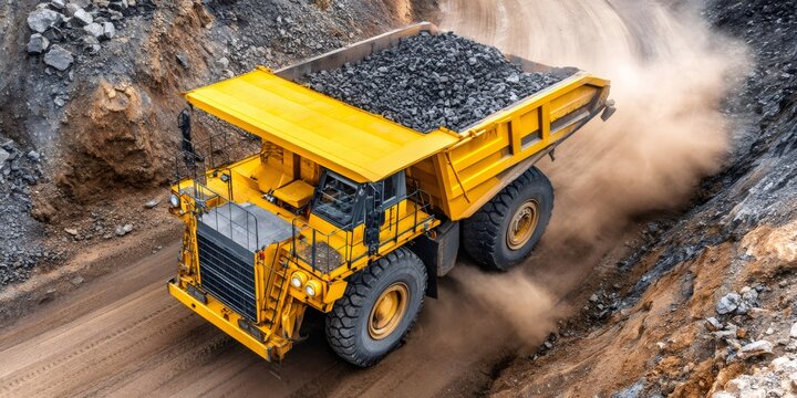 Heavy mining dump truck transporting coal in open pit