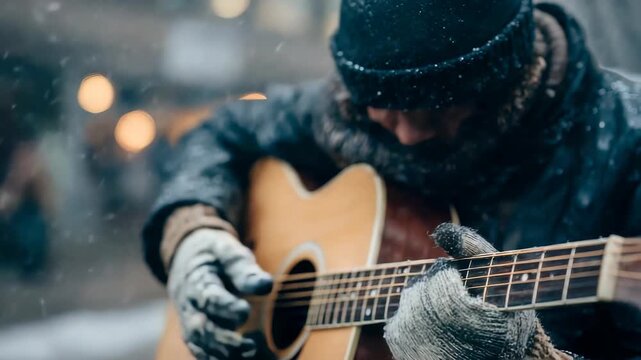 A person in gloves and a beanie performs music on an acoustic guitar outside during snowfall, capturing a moody winter vibe. The blurred background adds to the intimate, artistic street moment