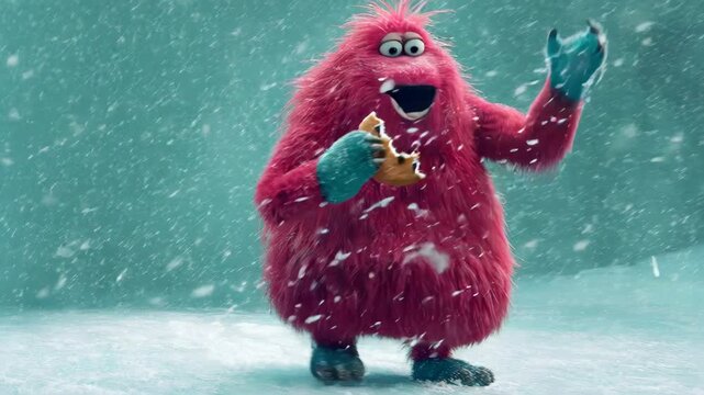 Pink fluffy cute cartoon monster happily eating a chocolate chip cookie during a snowy winter day. Animated creature in snow.