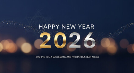 New Year 2026 greeting with gold and silver numbers on a bokeh background