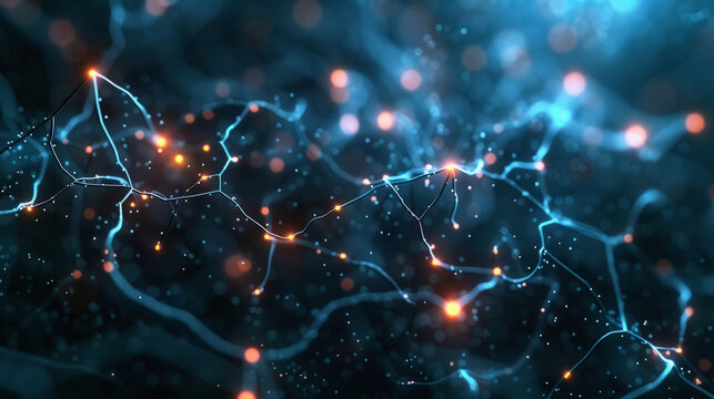 Abstract visualization of interconnected neural networks with glowing nodes on a dark background. Concept of technology and connectivity