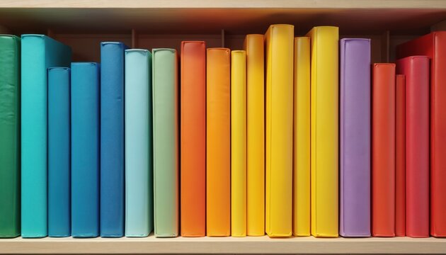 Colorful book spines arranged in gradient on wooden shelf. Books display rainbow colors creating neat ordered pattern. Visual for reading education knowledge and creativity.