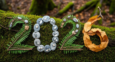 Numbers 2026 crafted from twigs leaves and pebbles on a mossy forest log