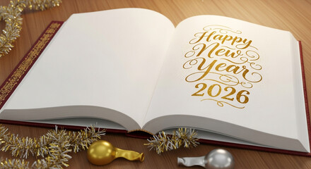 Open book with Happy New Year 2026 message and blank page