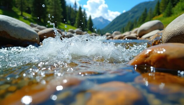 Mountain stream water splashes over smooth stones. Clear fluid cascades near pine trees and green hills under blue sky. Coolness flows, nature unfolds.
