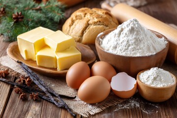 Baking ingredients on rustic wooden table preparing dough