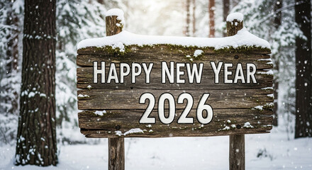 Wooden sign displaying Happy New Year 2026 message in a snowy winter forest