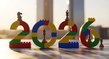 Year 2026 constructed from colorful building blocks with chess pieces on a chessboard