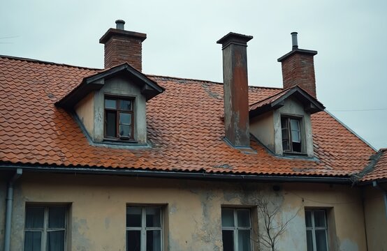 Old apartment building roof with dormer windows and brick chimneys. Worn orange tiles show disrepair and age. The cloudy sky adds to somber atmosphere of decay.
