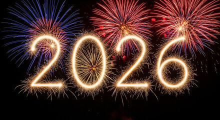 Year 2026 formed by golden sparkling fireworks against a night sky