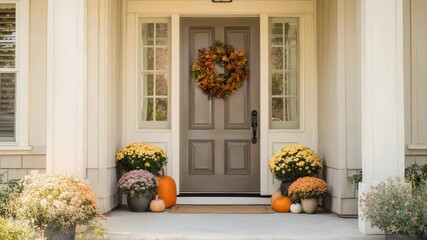 Inviting house entryway features fall inspired decor, including colorful flowers and pumpkins arranged around a classic door. Warm sunlight enhances the welcoming and festive seasonal mood