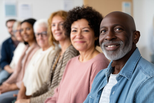 diverse group of patients, male and female, different ethnicities, sitting in a waiting room of an eye clinic, showing unity and awareness around diabetes eye care