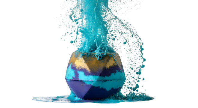 Colorful bath bomb exploding with vibrant blue liquid isolated on transparent background