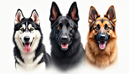 Illustration presents three dog breeds with happy faces. Husky black German Shepherd dog German Shepherd smiling portraits. Adorable canine characters feature white background. Perfect for pet