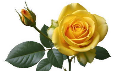 A vibrant yellow rose in full bloom with a tightly closed bud and green leaves isolated on transparent background