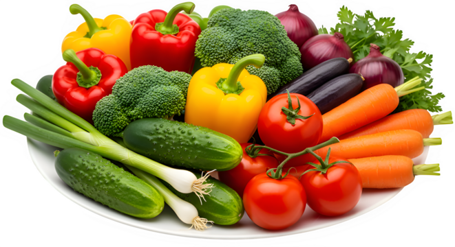 A vibrant assortment of fresh healthy vegetables including bell peppers broccoli carrots cucumbers tomatoes onions and scallions arranged on a white plate isolated on transparent background