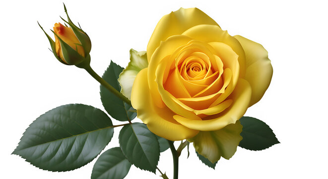 A vibrant yellow rose in full bloom with a tightly closed bud and green leaves isolated on transparent background
