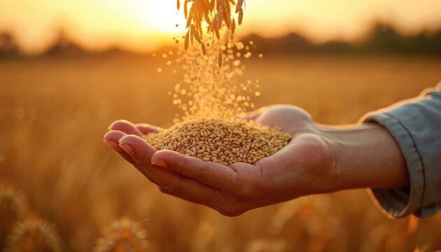 Person holds ripe wheat grains in hand at sunset. Golden cereal spills from plant stalks onto open palm in warm sunlight. Farmers harvest crops in field.