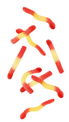 Falling Gummy candy, isolated on white background, full depth of field