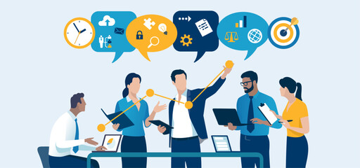 Profit. The leader explains his vision. Business plan, project, strategy. Presentation. Discussing business plan. Vector illustration