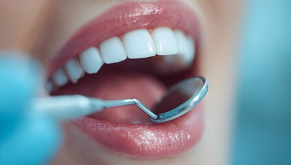 A close-up of a bright smile showing clean white teeth during a dental check-up. A dentist’s mirror reflects the teeth, emphasizing oral hygiene and healthy gums.