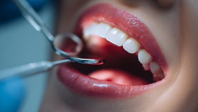 A close-up of a bright smile showing clean white teeth during a dental check-up. A dentist’s mirror reflects the teeth, emphasizing oral hygiene and healthy gums.