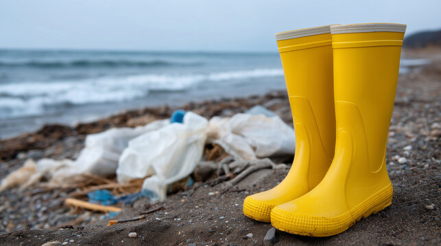 Close-up of rubber boots standing in wet sand next to collected waste, defocused ocean waves in the background, with copy space.