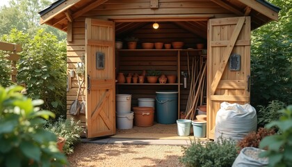 Wooden garden shed with open doors. Inside are pots tools gardening equipment. Outdoors is green vegetation. Natural sunlight illuminates shed inside outside. Gardening hobby concept