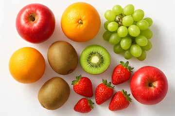 Healthy mixed fruits arranged neatly on white background