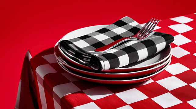 clouse up , single object on checkered tablecloth with bold red background, clean product pop styling, crisp hard shadows, modern ironic humor aesthetic, stylized retro-meets-moder