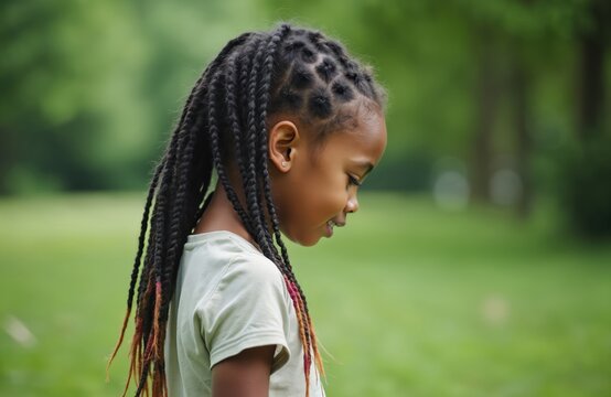 Young black girl with braided hair stands in a green park. Child is sad, looks down, missing front tooth, wearing green t-shirt in nature. Green grass and trees around her. - Powered by Adobe