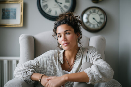 Close up, Woman in armchair with hanging clocks above - Powered by Adobe