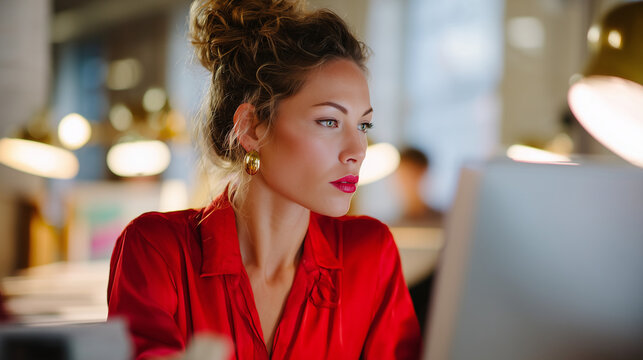Photography masterclass, cinematic editorial crop photo of stylish secretary in office