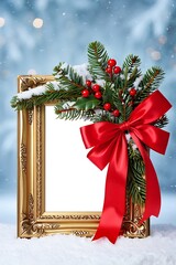 Christmas frame with fir branches and red bow in snow