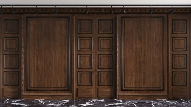 A classic, luxurious interior with walnut paneling and doors. The door opens into a bright room. Premium wooden living room. Green chroma key, luma matte included