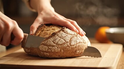 Closeup shot of a persons hands expertly slicing a fresh rustic loaf of sourdough bread on a wooden cutting board in a warm inviting kitchen setting. - Powered by Adobe