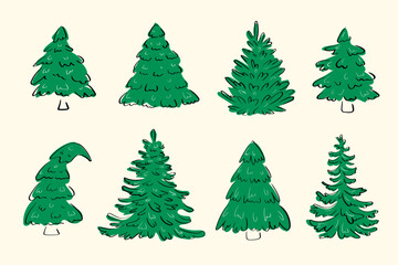 Doodle pine tree illustration set for packaging, holiday greeting cards, and eco gift wrap designs