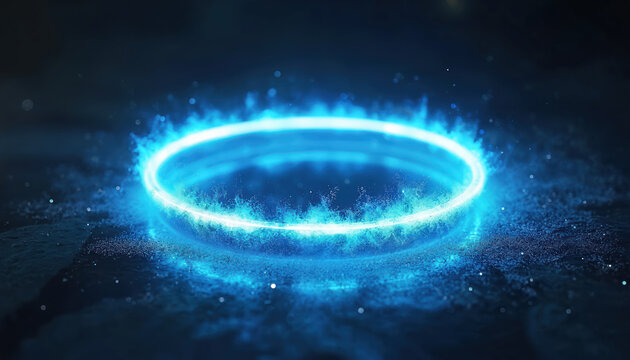 Abstract image showcases glowing blue energy ring on dark surface. Bright light creates illusion of vortex effect. Digital art perfect for futuristic designs fantasy or science concepts.