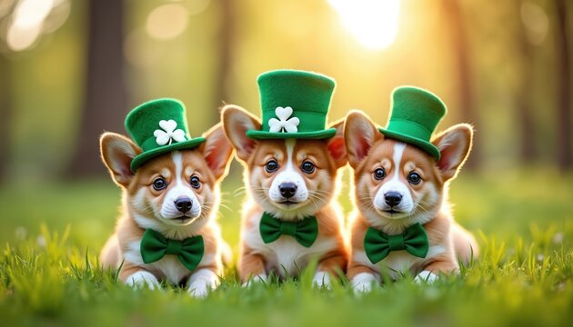 Three adorable corgi puppies wear St Patricks Day hats and bow ties. Cute dogs sit on green grass looking at camera. Festive holiday photo with lucky charm. - Powered by Adobe