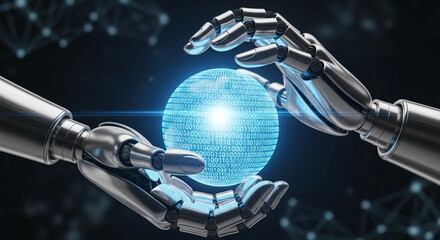 metallic robotic hands holding bright sphere with binary codes — ICT advancement