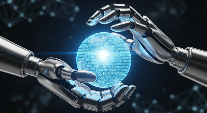 metallic robotic hands holding bright sphere with binary codes — ICT advancement - Powered by Adobe