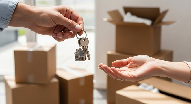 Man handing house keys to woman, real estate purchase and new home ownership on moving day